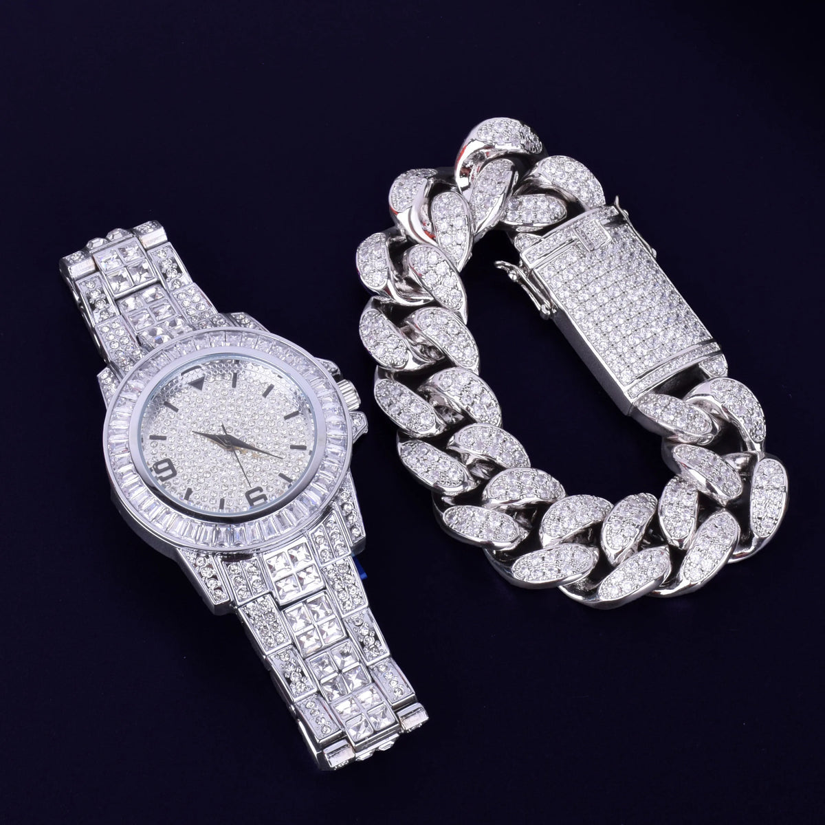 ICED OUT ダイヤモンドバゲットウォッチ & キューバンリンクブレスレットセット